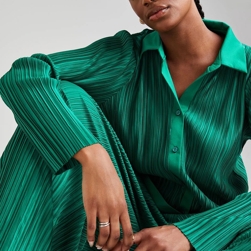 Green Pleated Satin Button-Up Top and Pants Set
